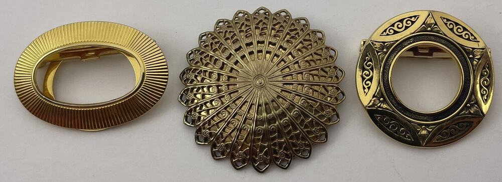 Vintage Scarf Slides Brooch Clip Lot of 3 Lieba USA Filigree Round Circle Oval